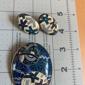 Blue and Gold Brooch and Earring Set